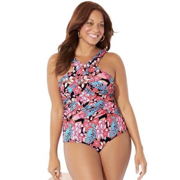 Swimsuits for All Women's 20 Plus Size High Neck Wrap One Piece Swimsuit - Picture 9 of 10
